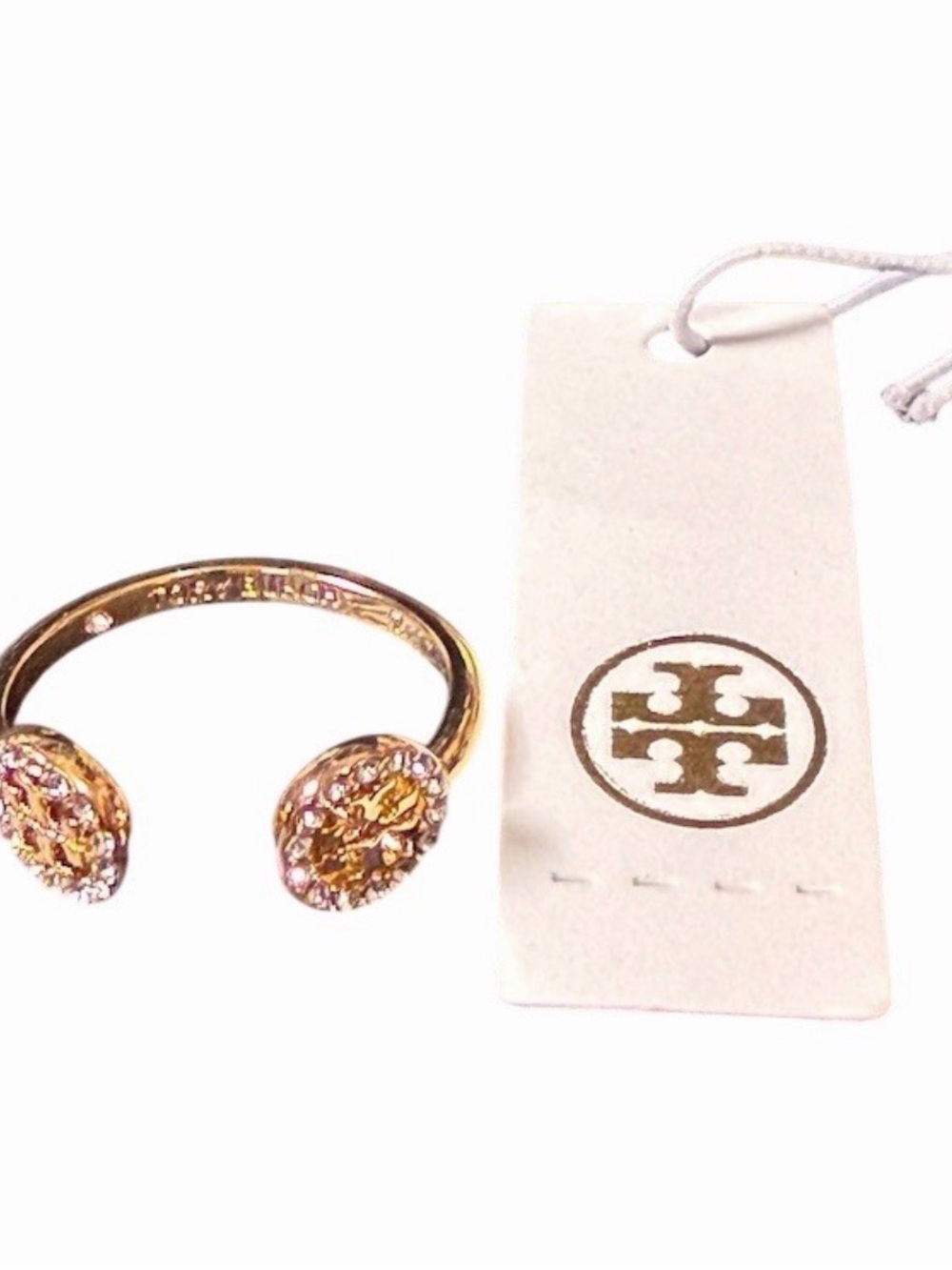 Tory Burch Miller Pavé Double T Bypass Ring Gold Clear Crystal Adjustable